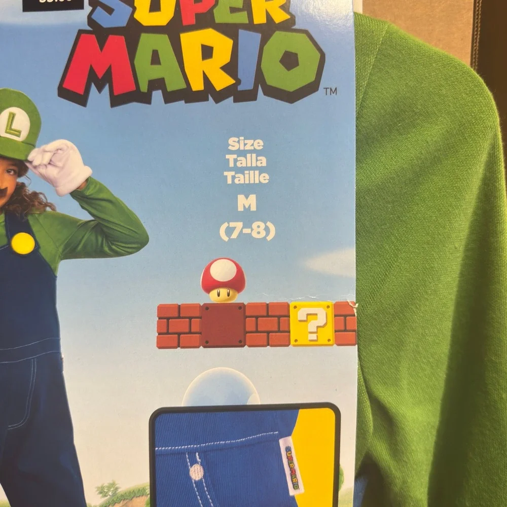 Super Mario Luigi Deluxe Kids Costume Size Medium 7-8‎ Green Blue Jumpsuit Hat